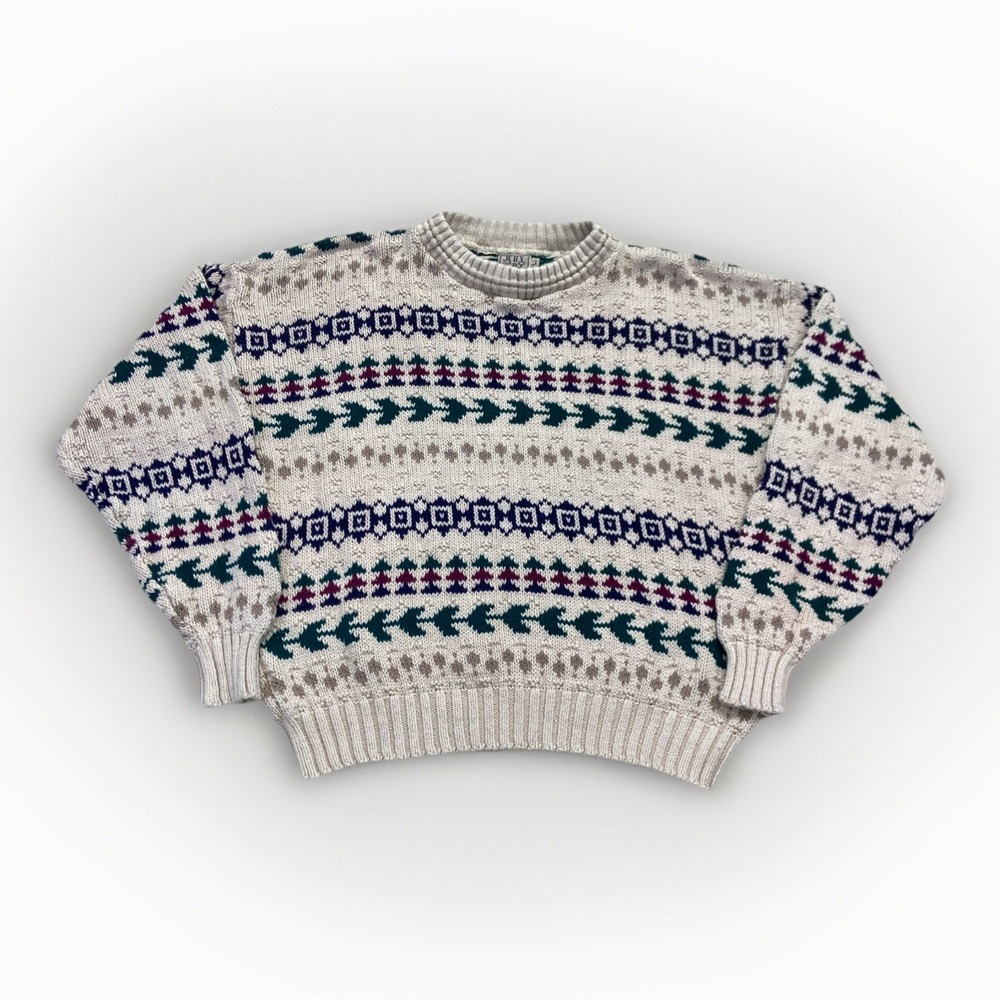 Vintage Sweater Mens L Knit Cotton Crewneck Pullover 90s Why This Fair Isle